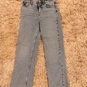 Zara light wash classic straight jeans with distressed hem
